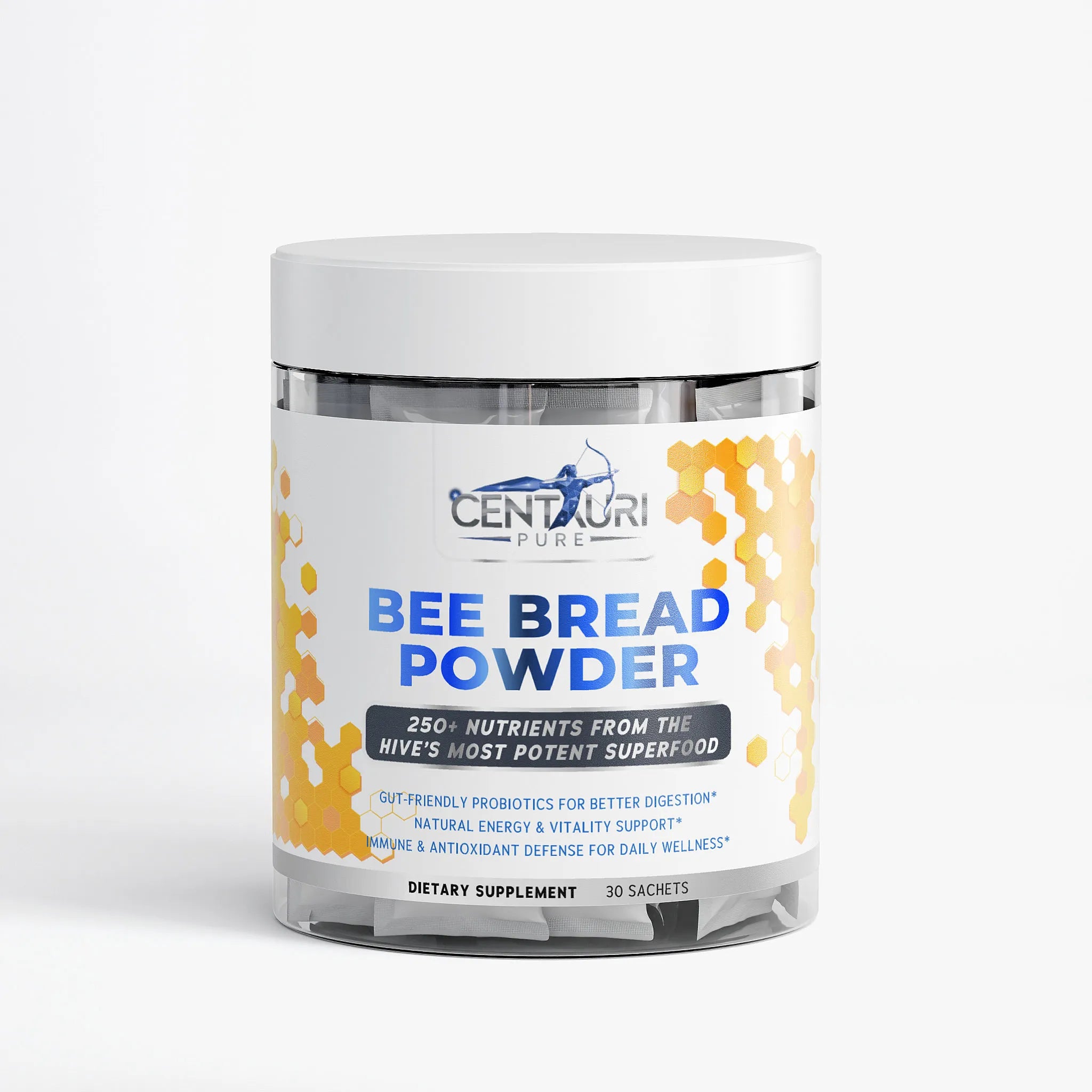 Jar of Centauri Pure Bee Bread Powder on a white background