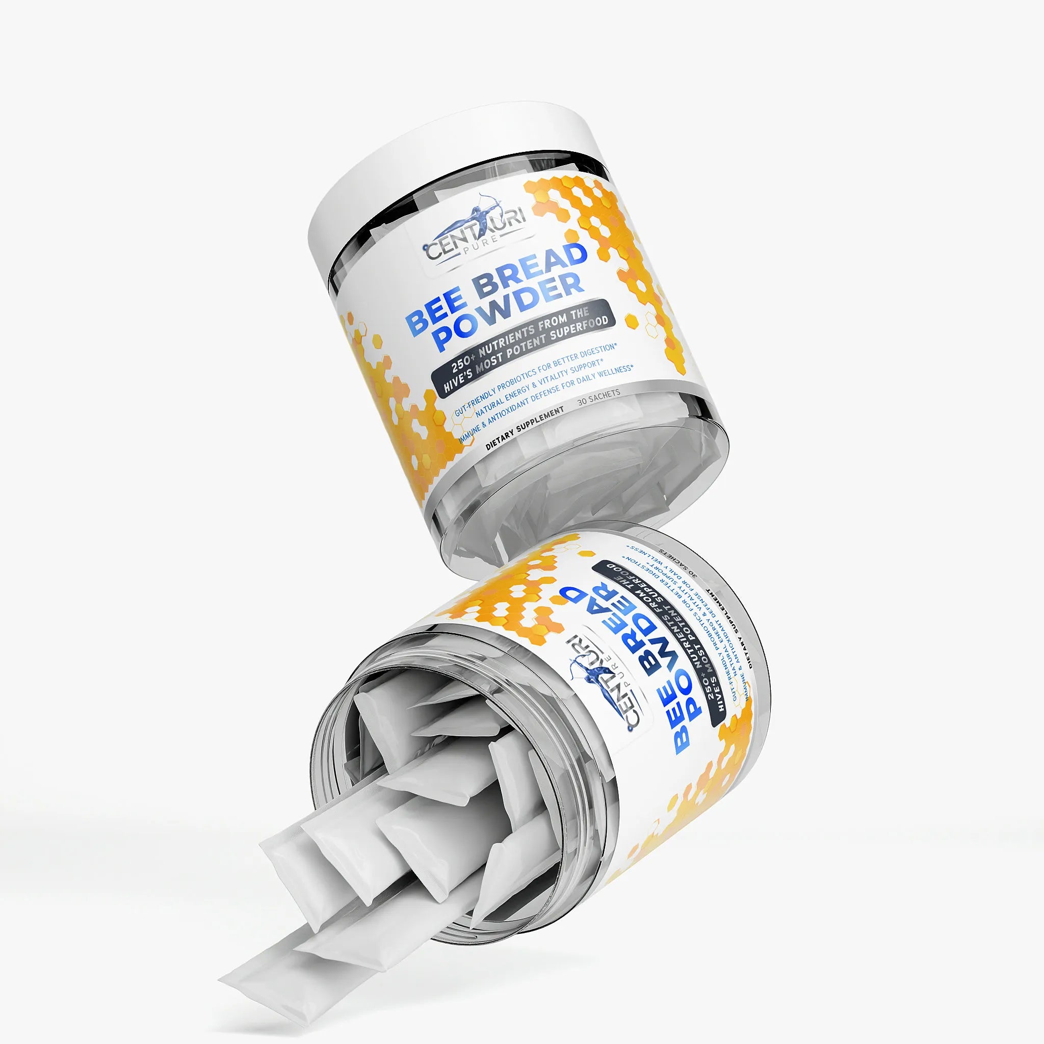 Two containers of bee bread powder with a white background