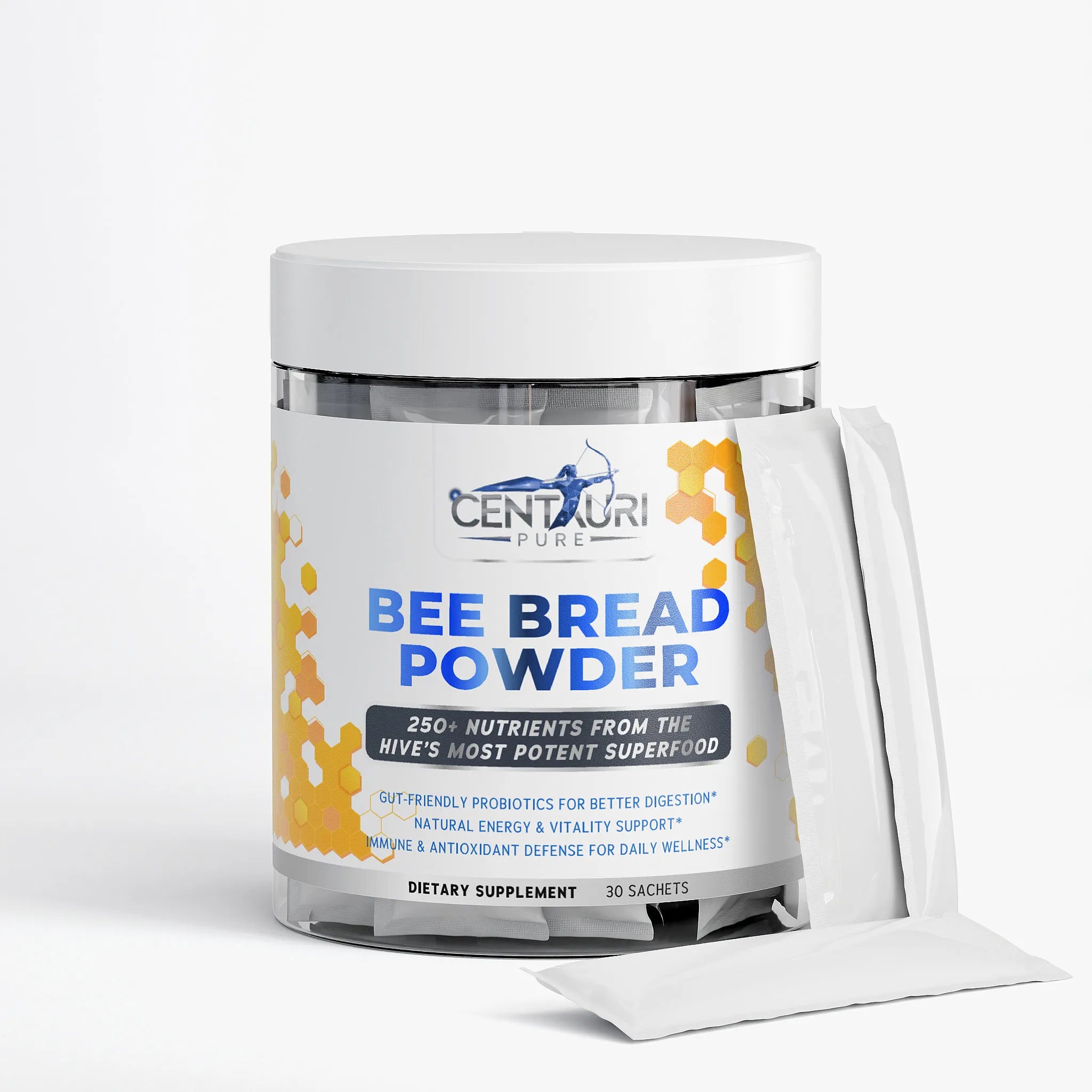 Jar of Centauri Pure Bee Bread Powder on a white background