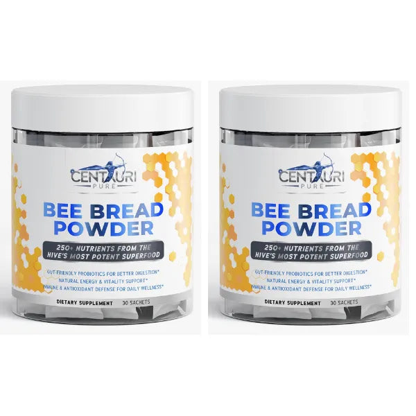 Two containers of Centuri Pure Bee Bread Powder on a white background