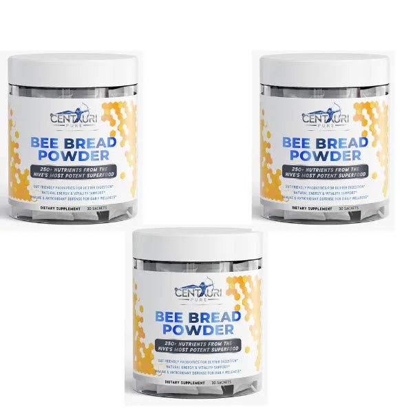 Three containers of Centauri Bee Bread Powder on a white background
