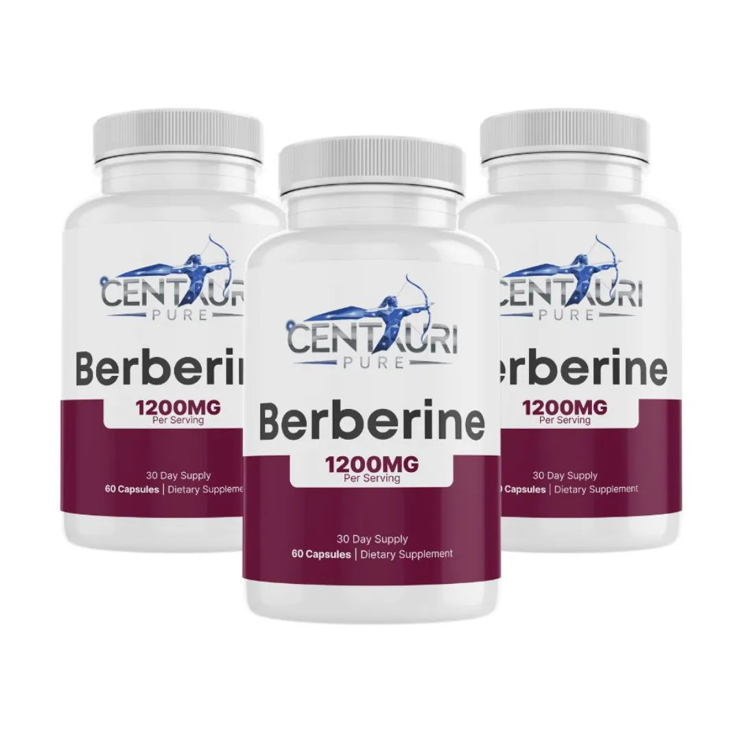 Three bottles of Centauri Pure Berberine 1200MG on a white background