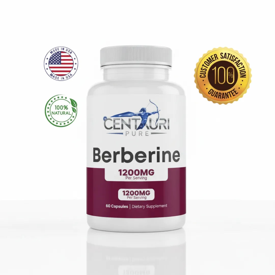 Centauri Pure Berberine supplement bottle with branding and certification logos on a white background
