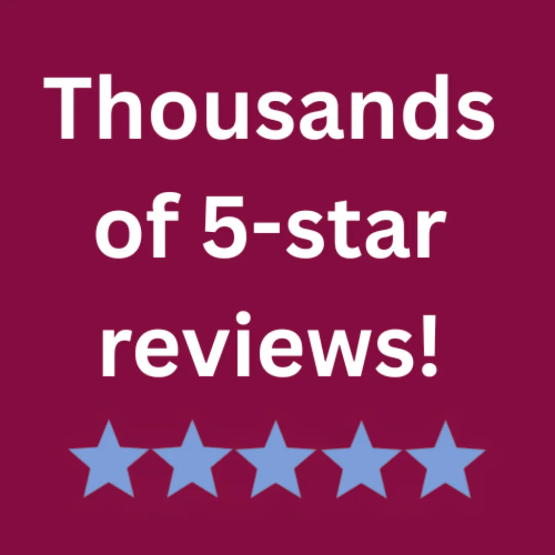 Text 'Thousands of 5-star reviews!' with five blue stars on a red background
