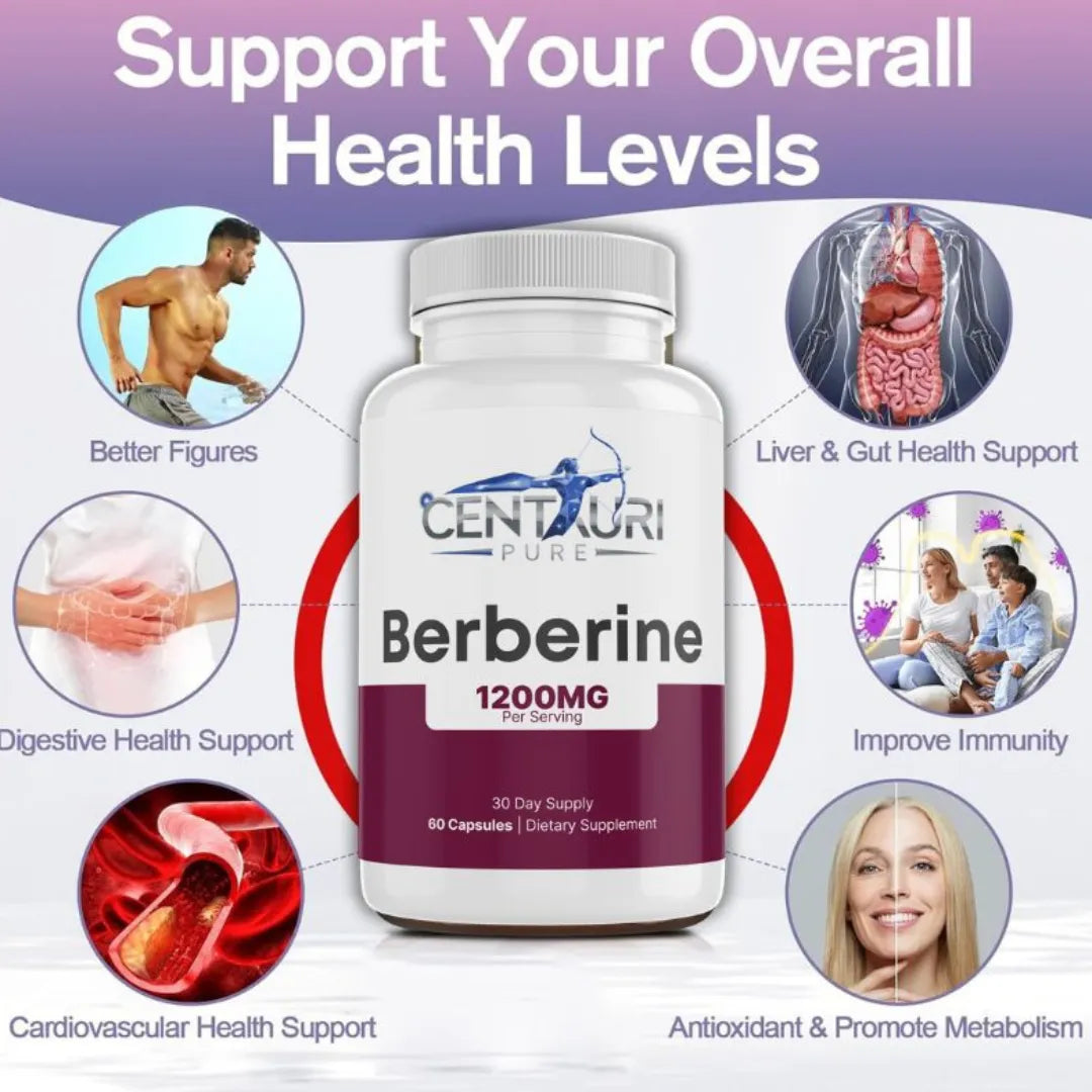 Centauri Pure Berberine supplement bottle with health benefits on a white background