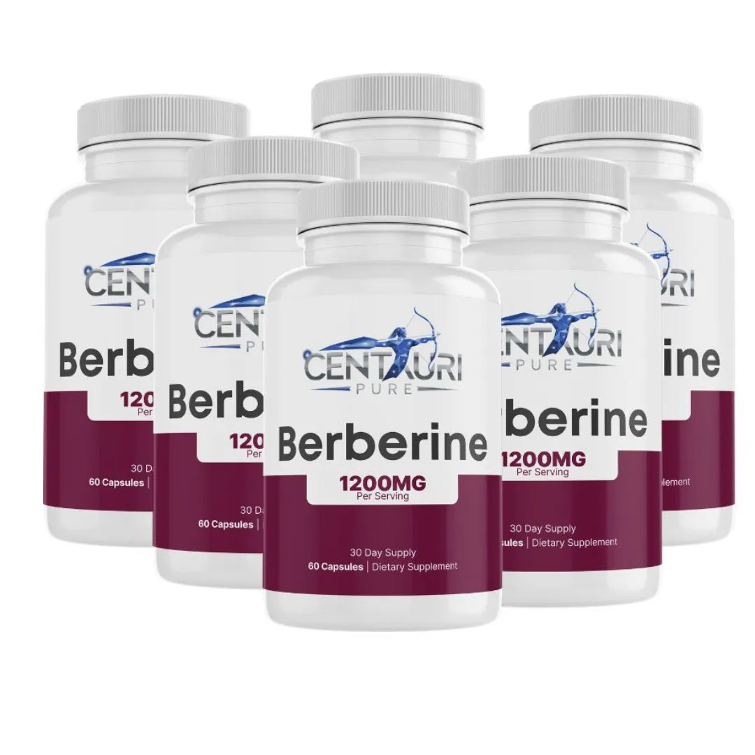 Six bottles of Centauri Pure Berberine 1200MG supplement on a white background