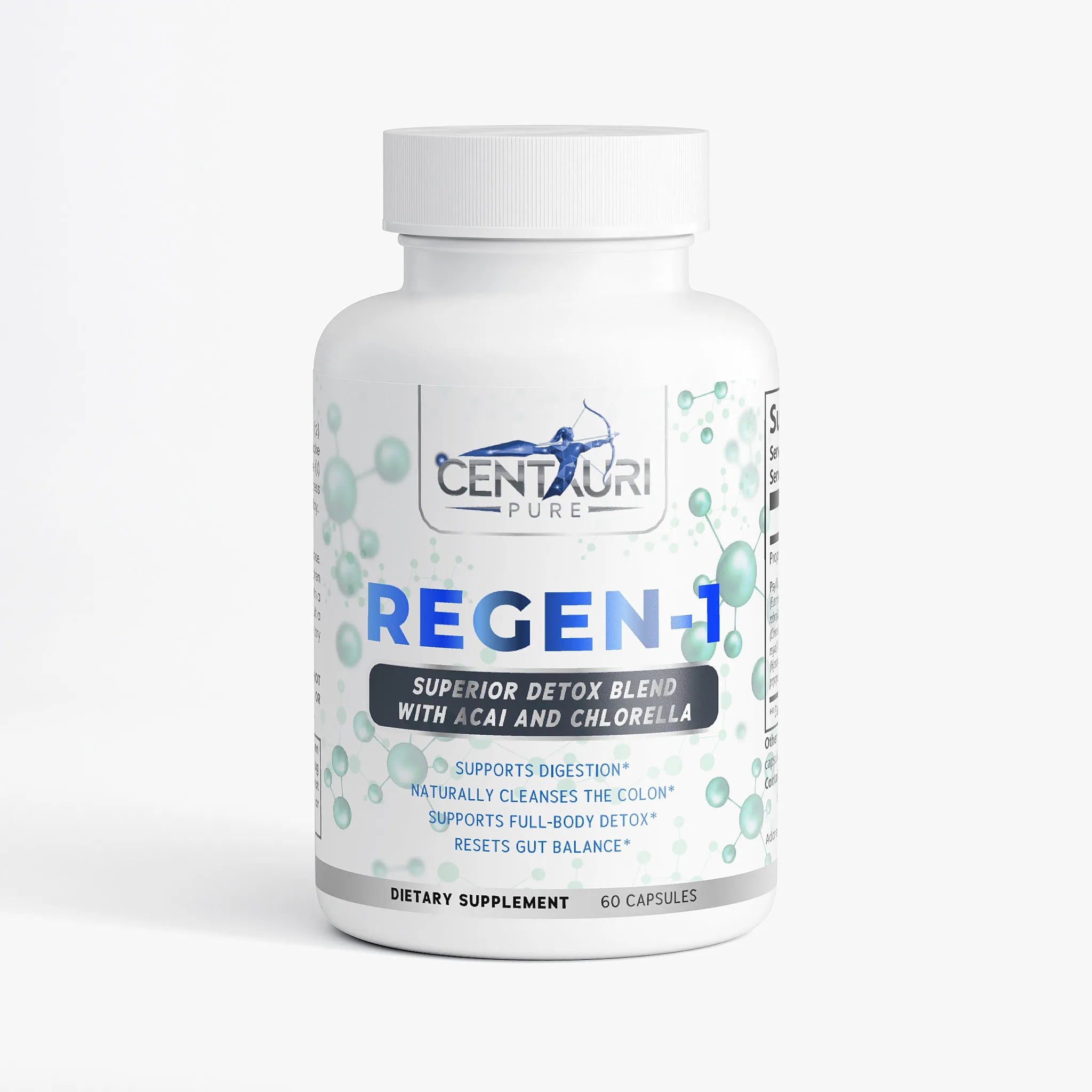 Supplement bottle labeled 'Regen-1' by Centauri Pure on a white background