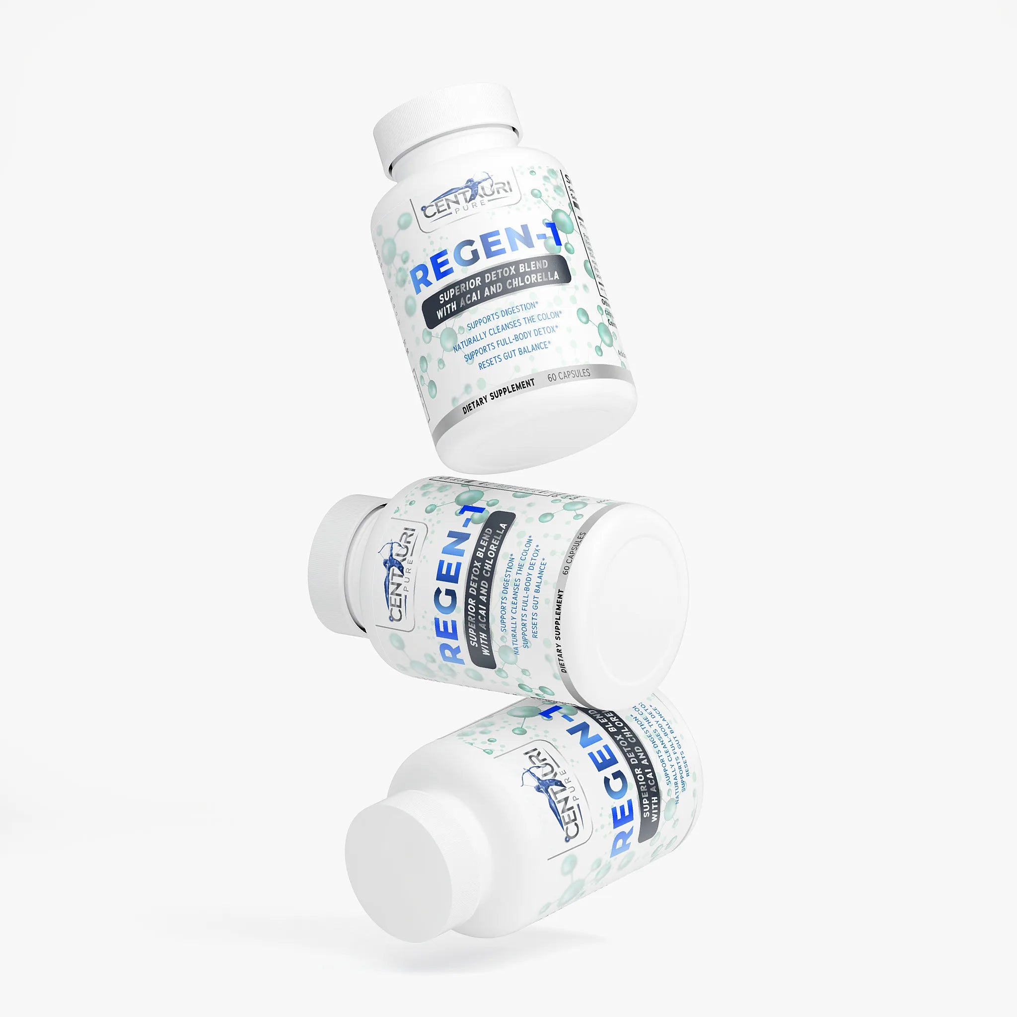 Three bottles of a supplement labeled 'REGEN-1' on a white background