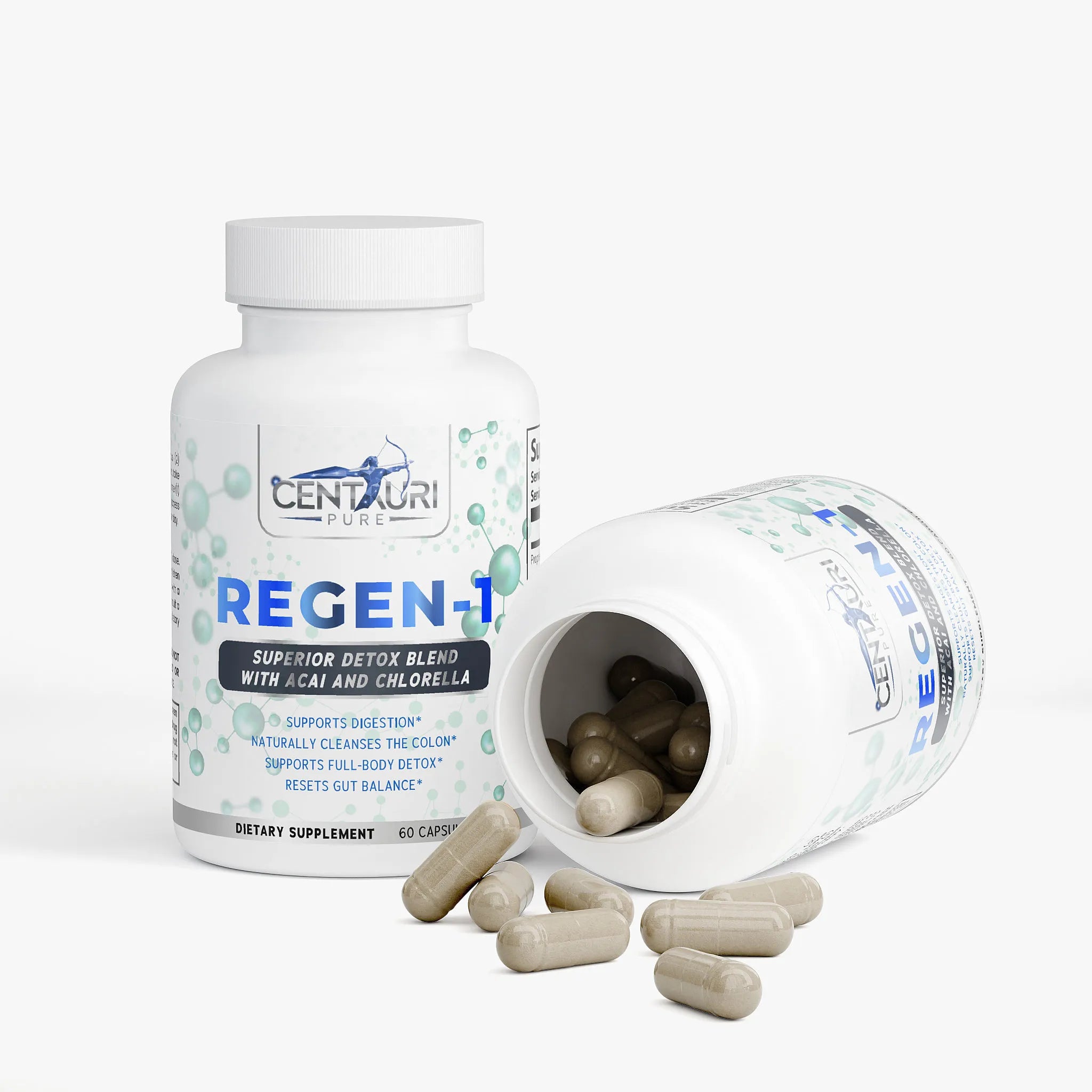Supplement bottle labeled 'Regen-T' with open lid showing capsules on a white background