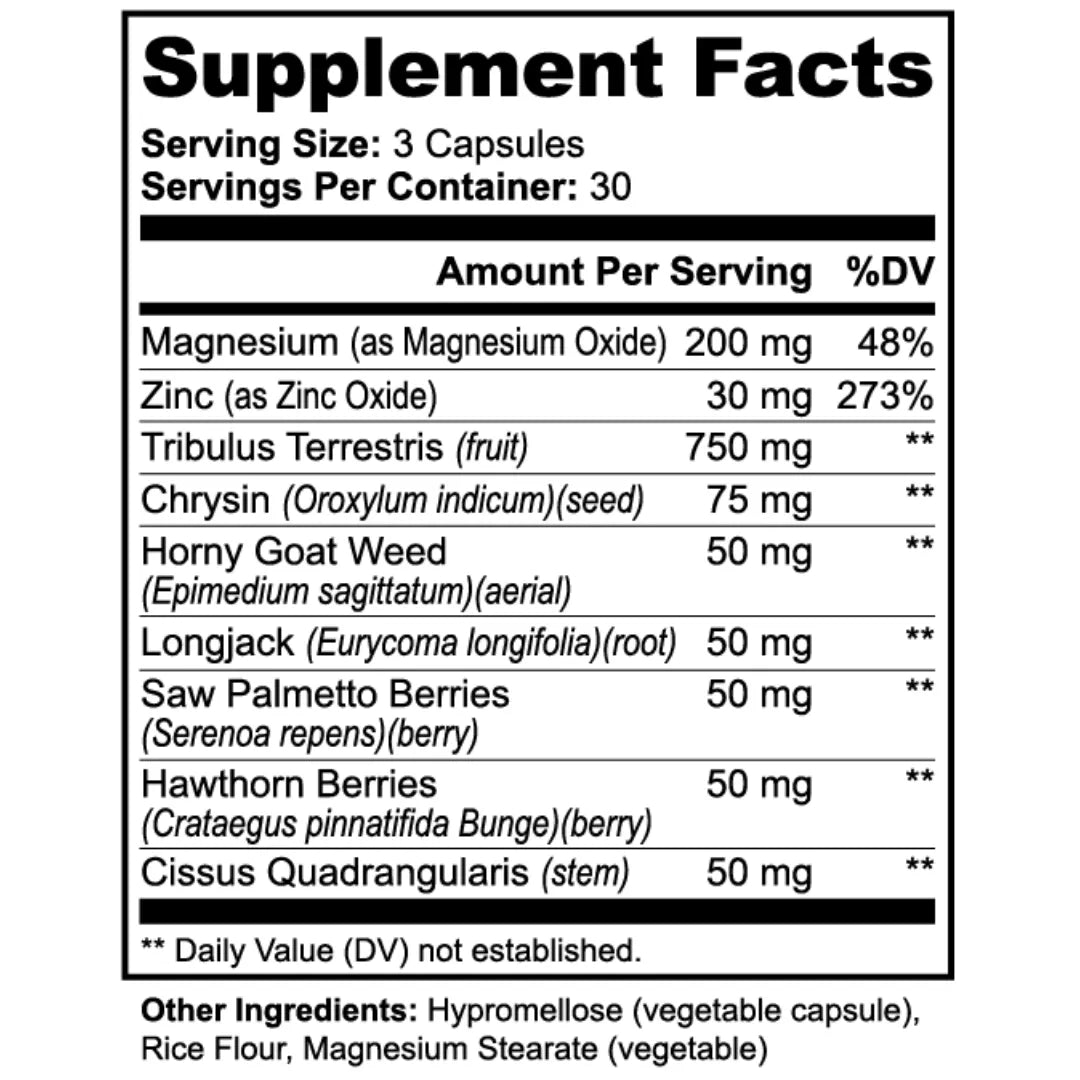 Supplement facts label with various ingredients and their amounts per serving.