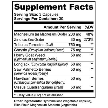 Supplement facts label with various ingredients and their amounts per serving.