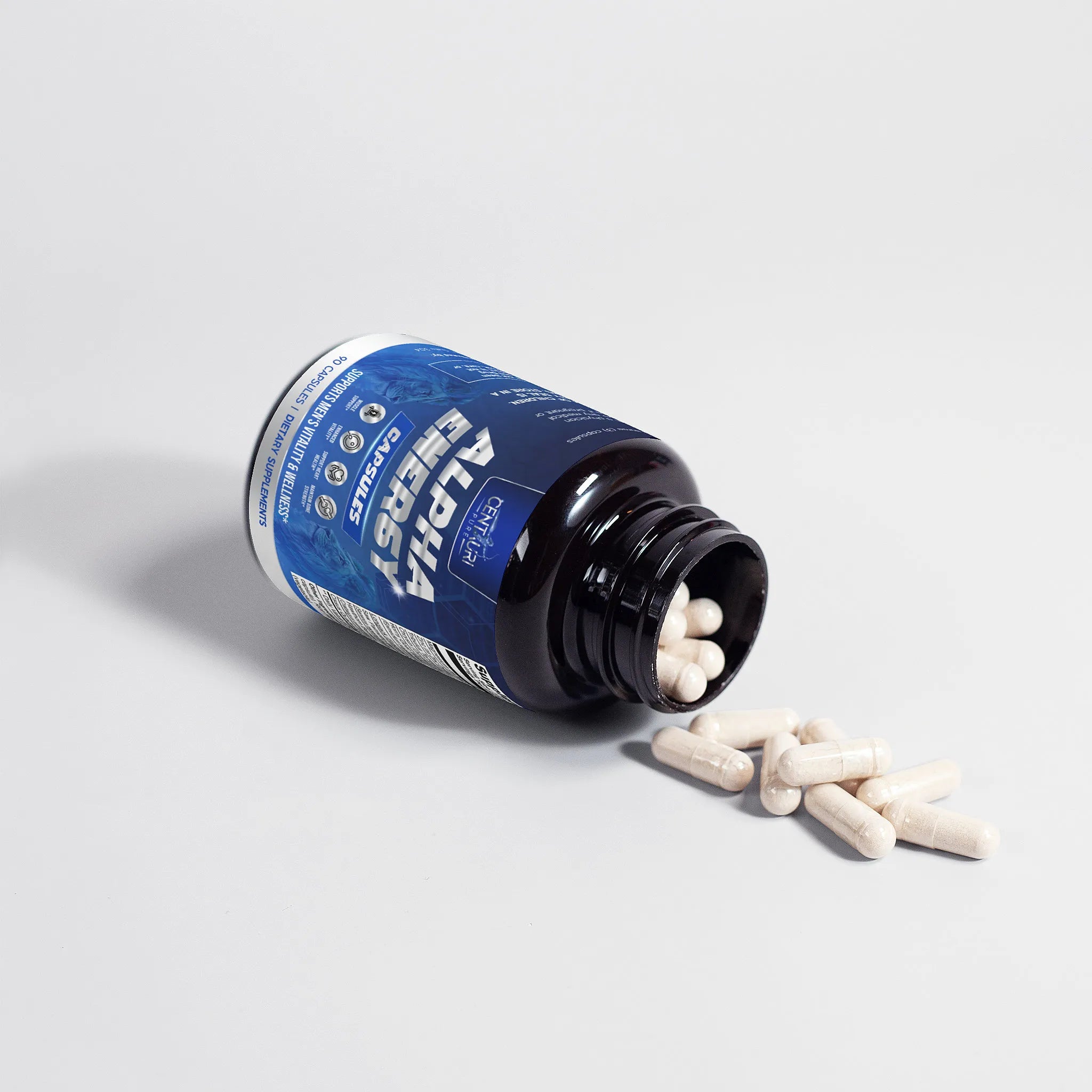 Supplement bottle with white capsules spilling out on a light gray background