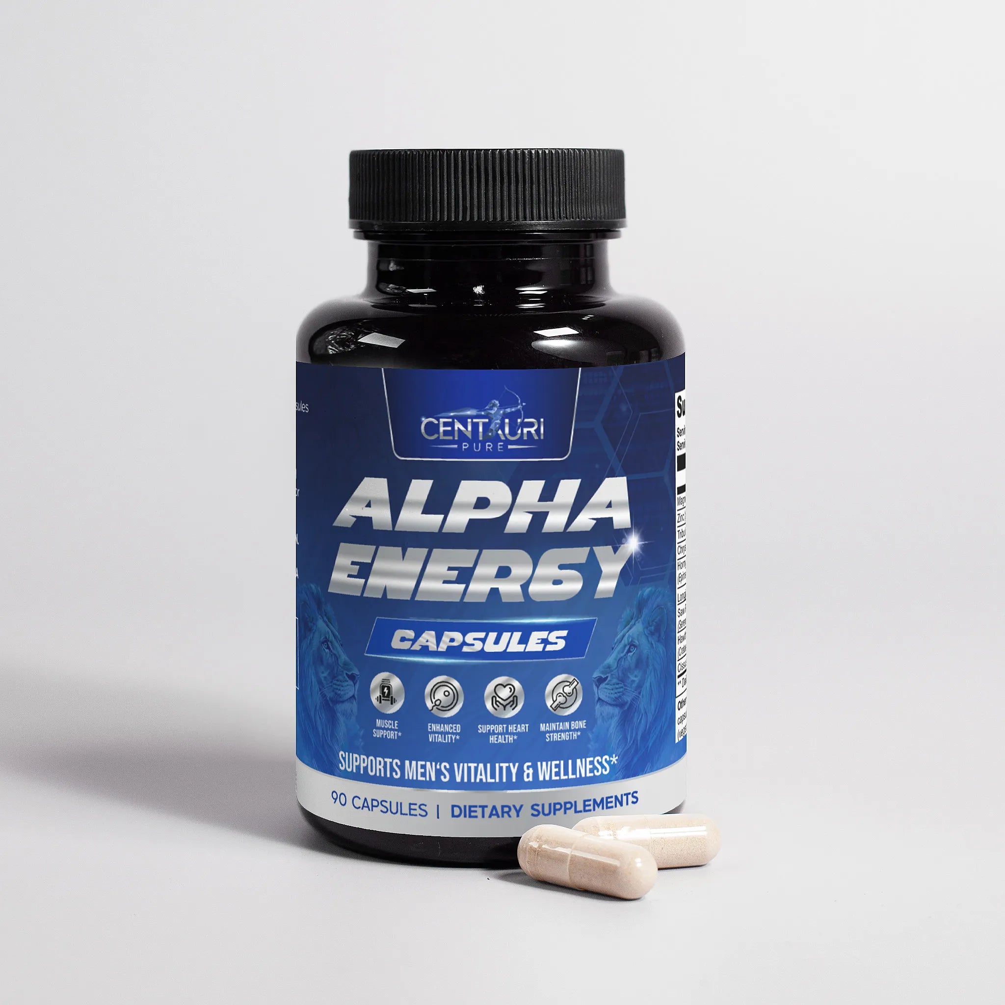 Bottle of Alpha Energy capsules with a blue label on a gray background