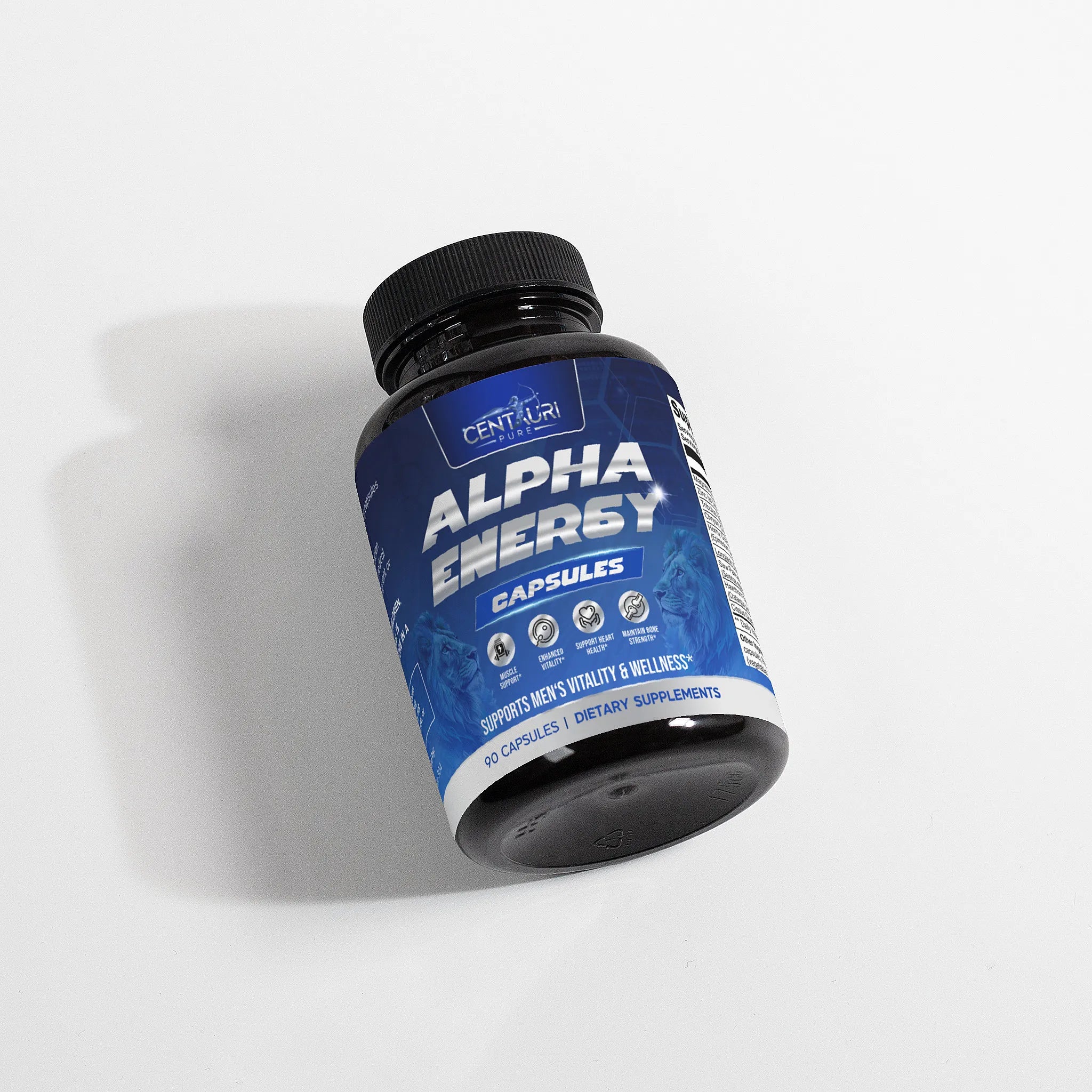 Alpha Energy capsules bottle on a light gray background