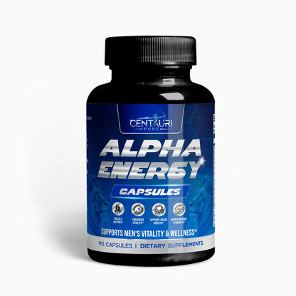 Bottle of Alpha Energy capsules by Centauri Pure on a white background