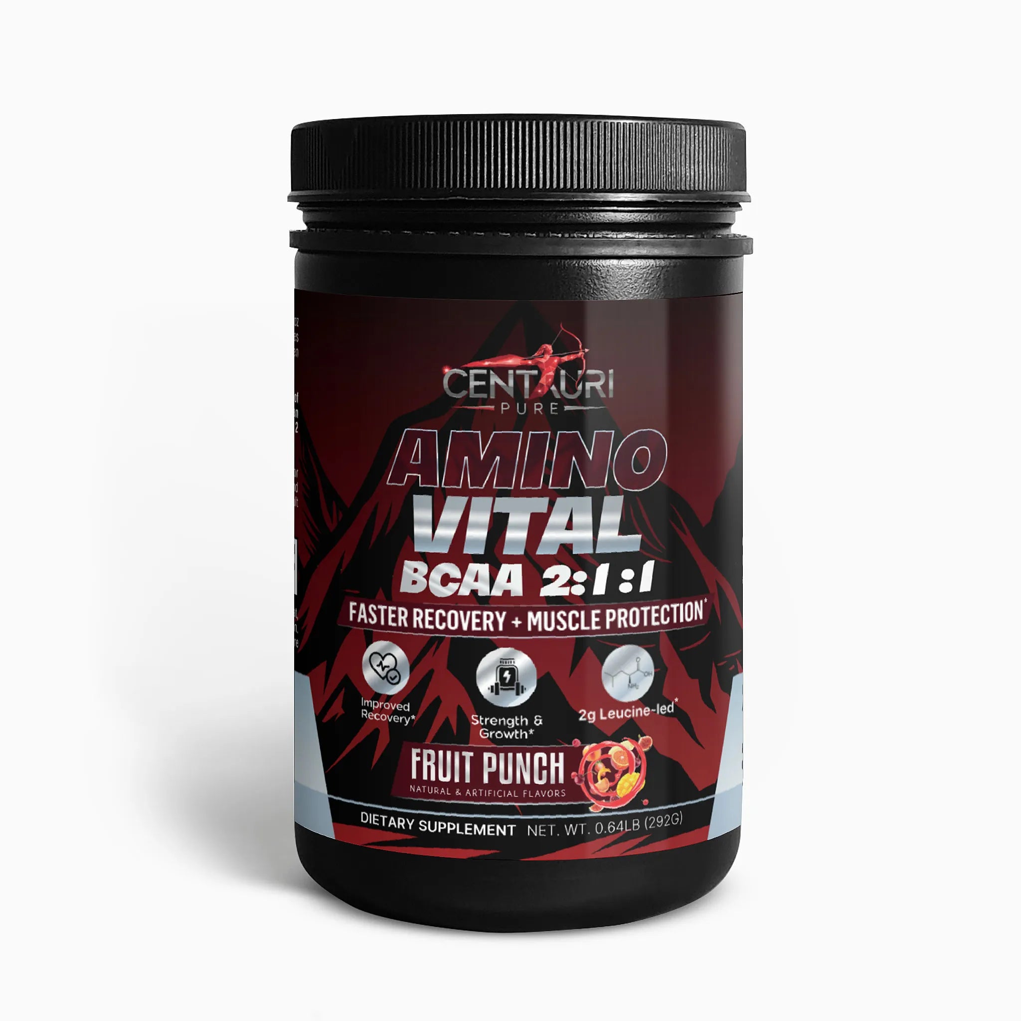 Supplement container labeled 'Amino Vital BCAA 2:1:1' by Centauri Pure on a white background