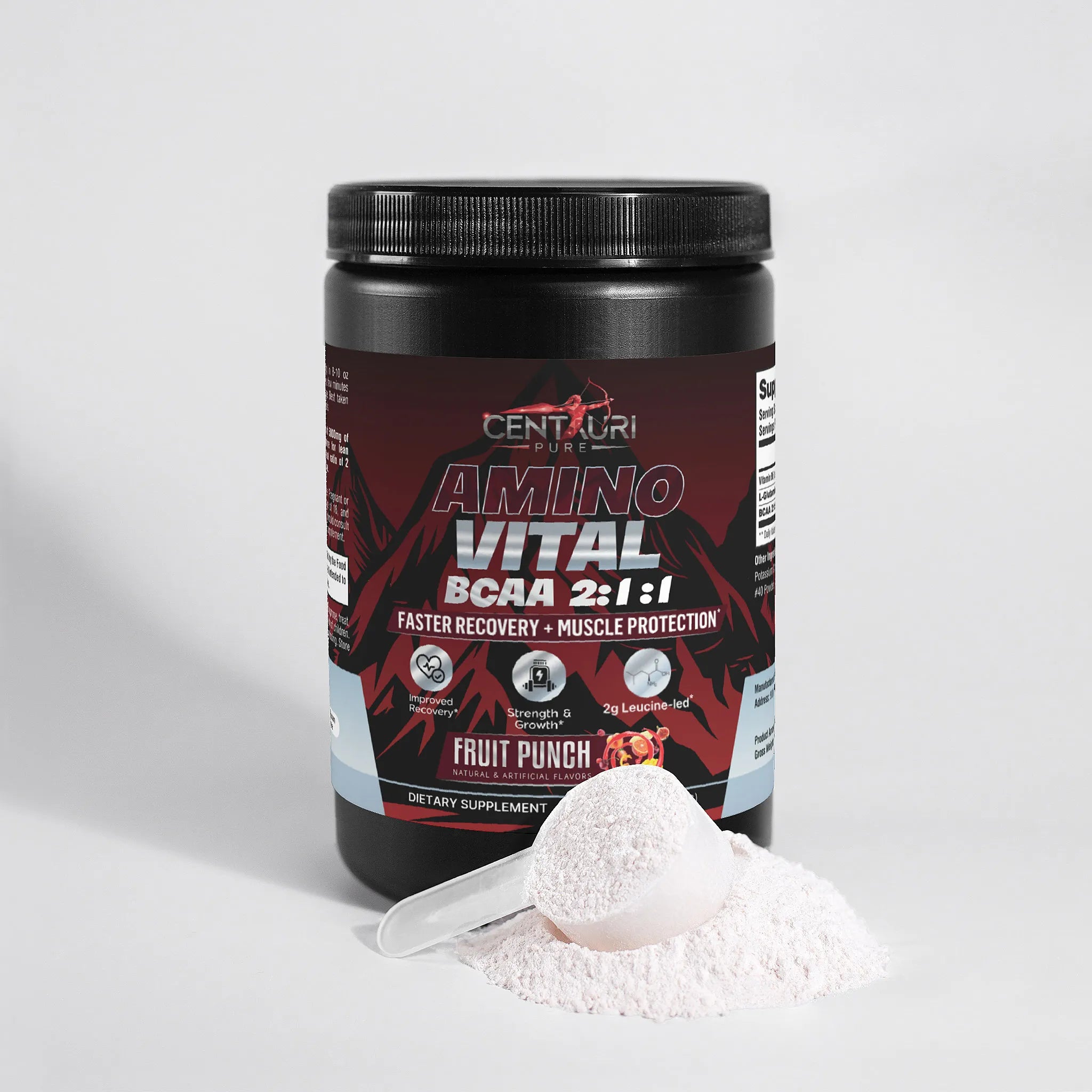 Black supplement container labeled 'Amino Vital BCAA 2:1:1' with a scoop of powder on a light gray background