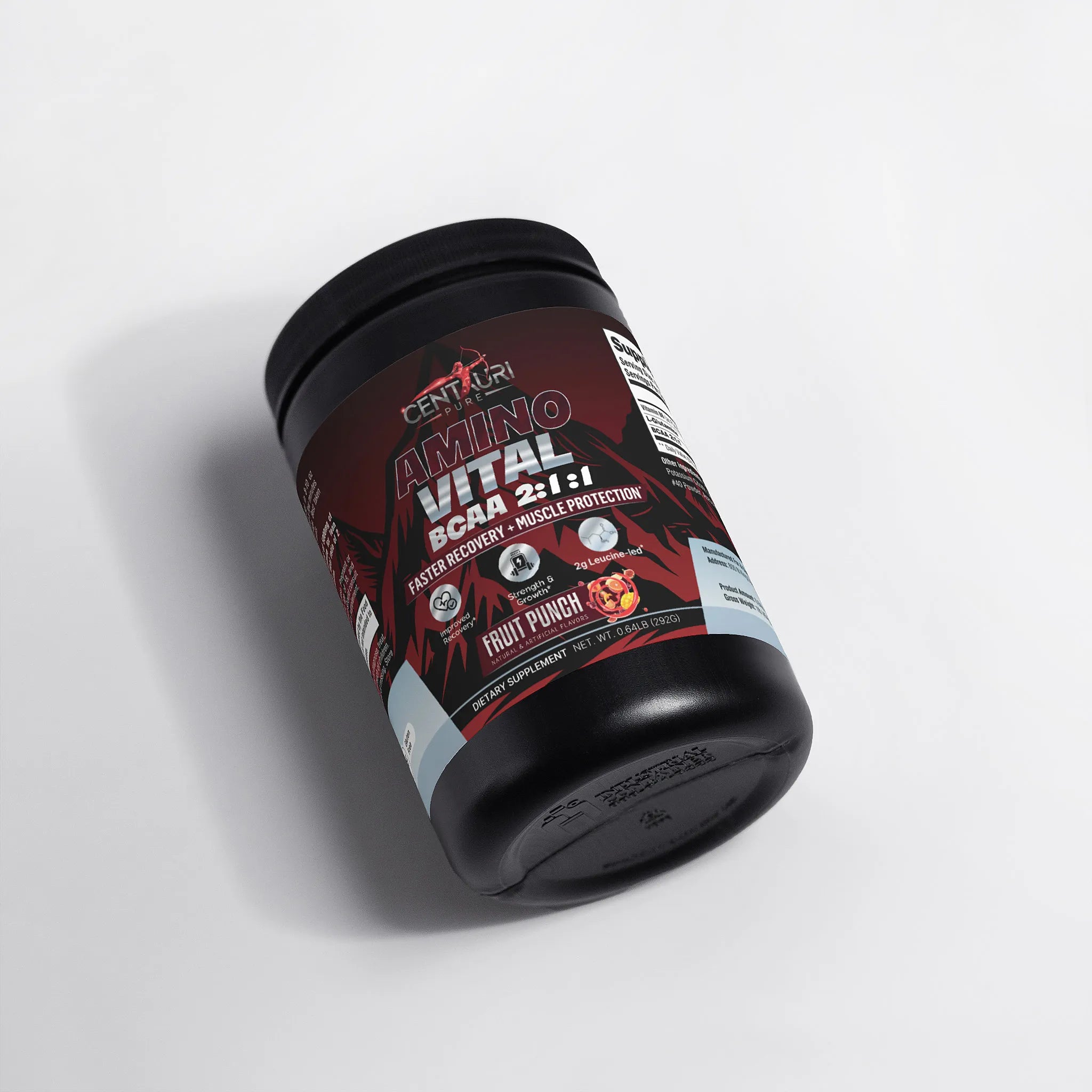 Black container of CentrAmino Amino SCA 2:1:1 supplement on a white background