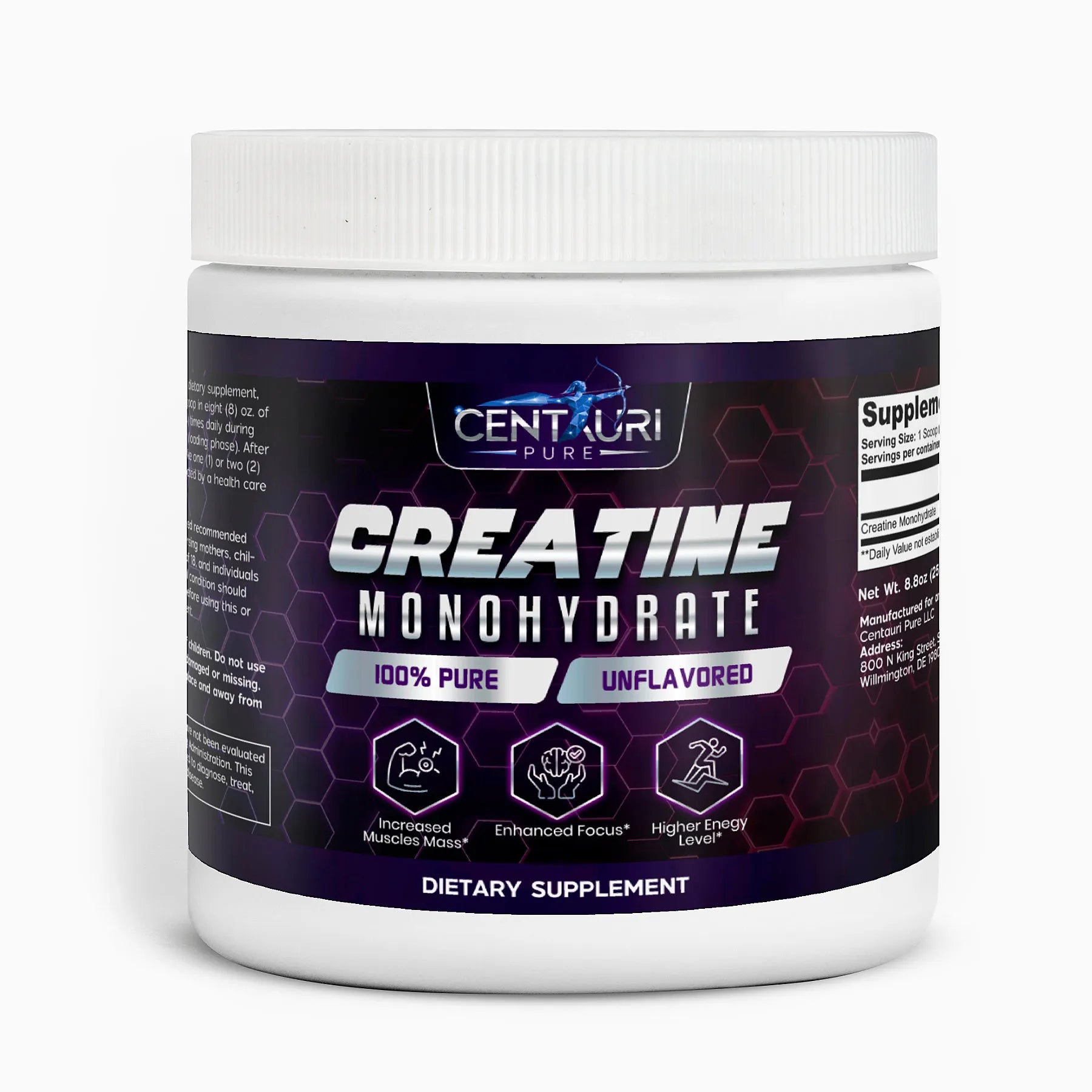 Dietary supplement container labeled 'Creatine Monohydrate' by Centauri Pure on a white background.