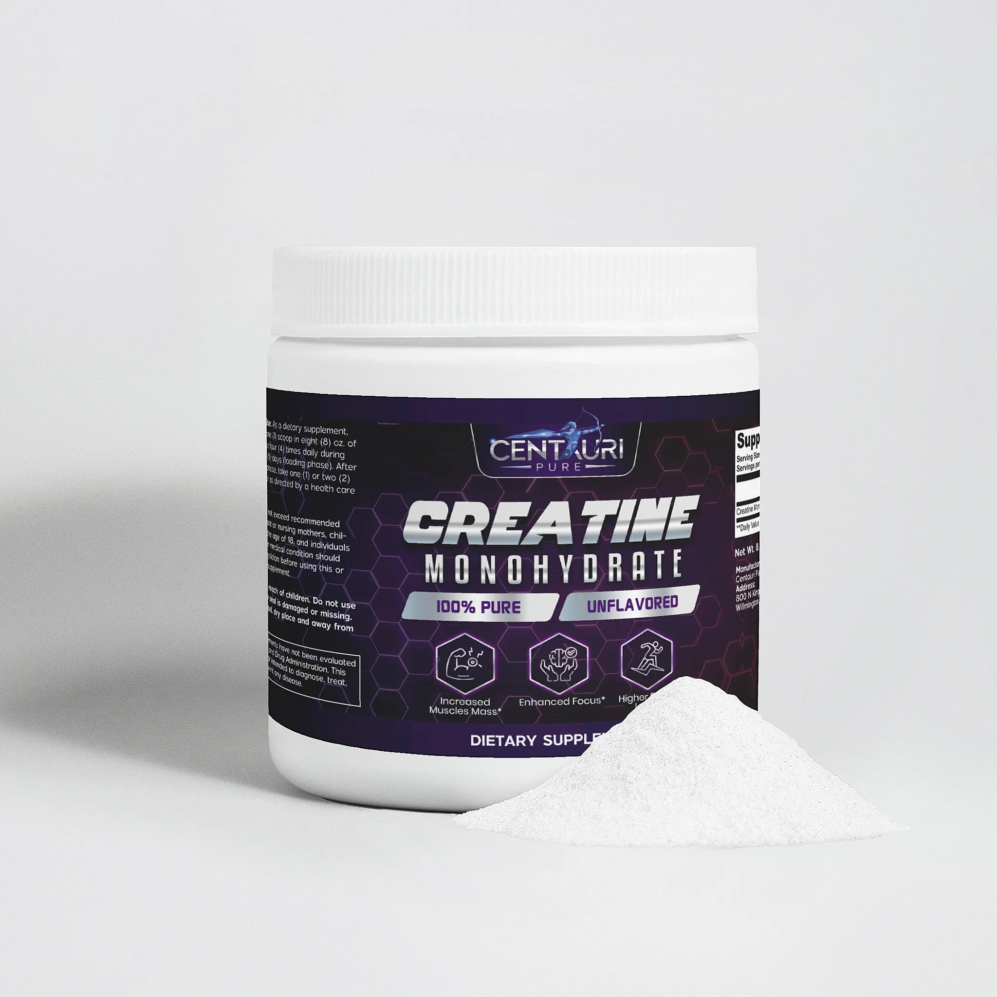 Supplement container labeled 'Creatine Monohydrate' by Centauri Labs on a white background.