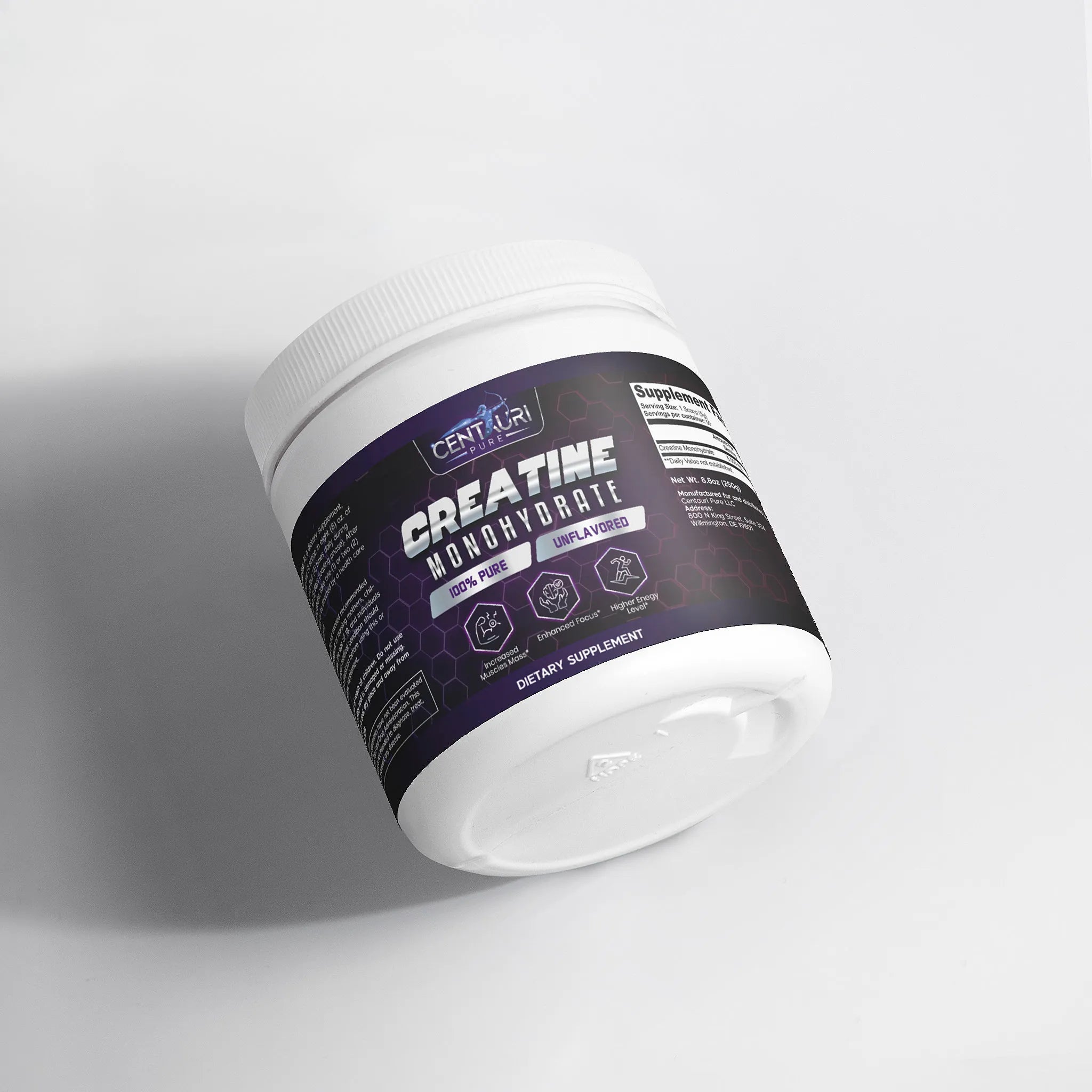 Container of Centauri Creatine Monohydrate supplement on a light gray background