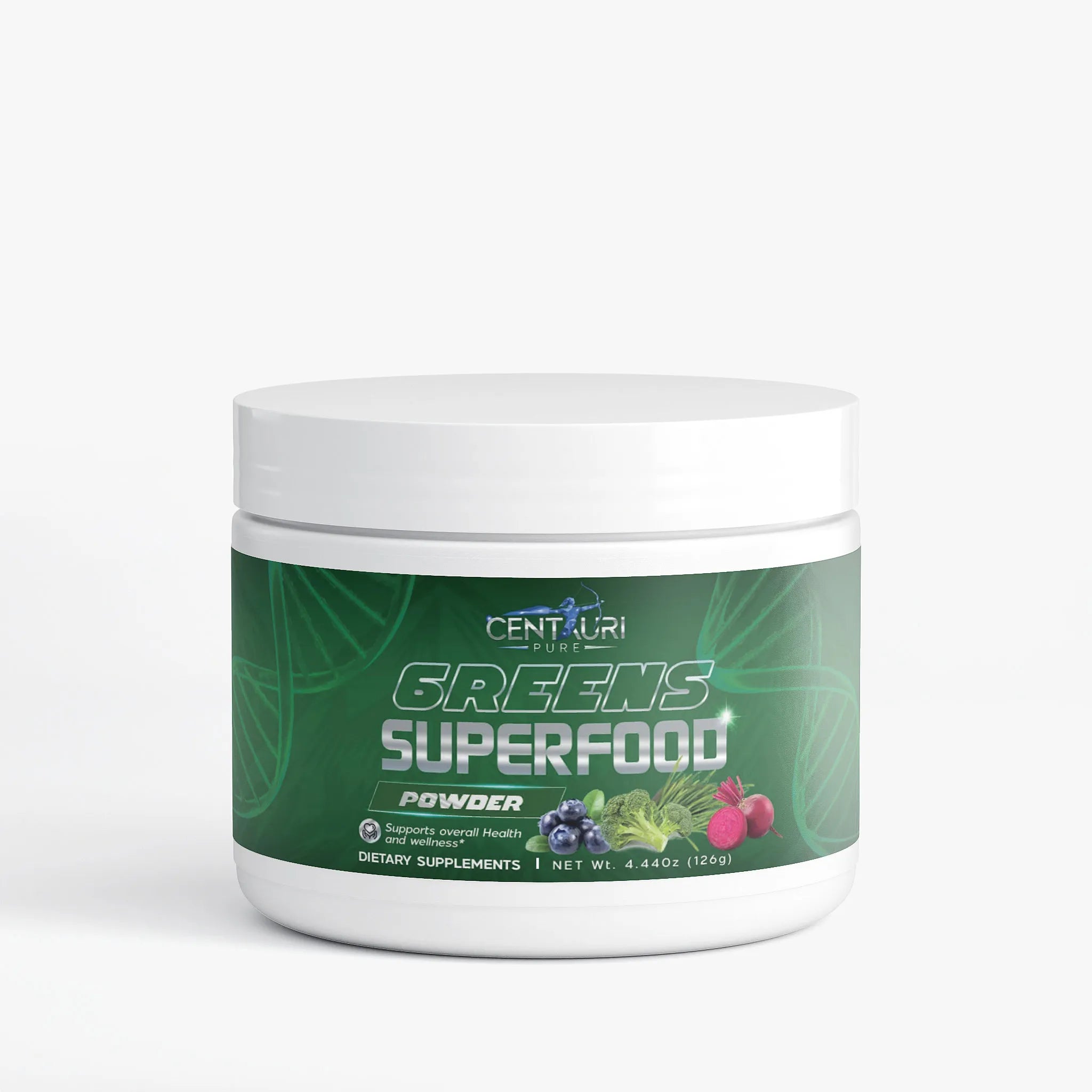 Container of Greens Superfood Powder with Centauri Health branding on a white background