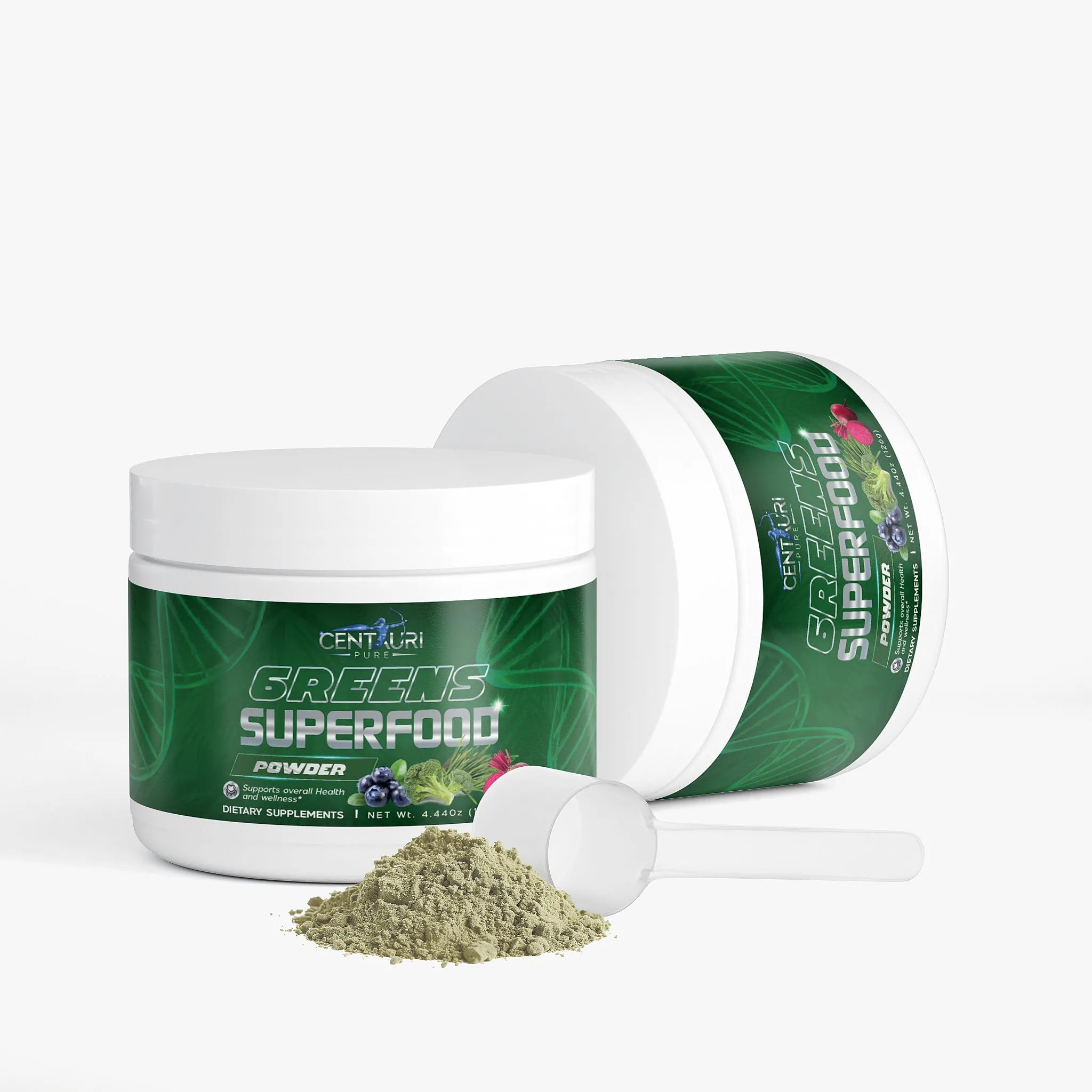 Green superfood powder container with scoop on a white background