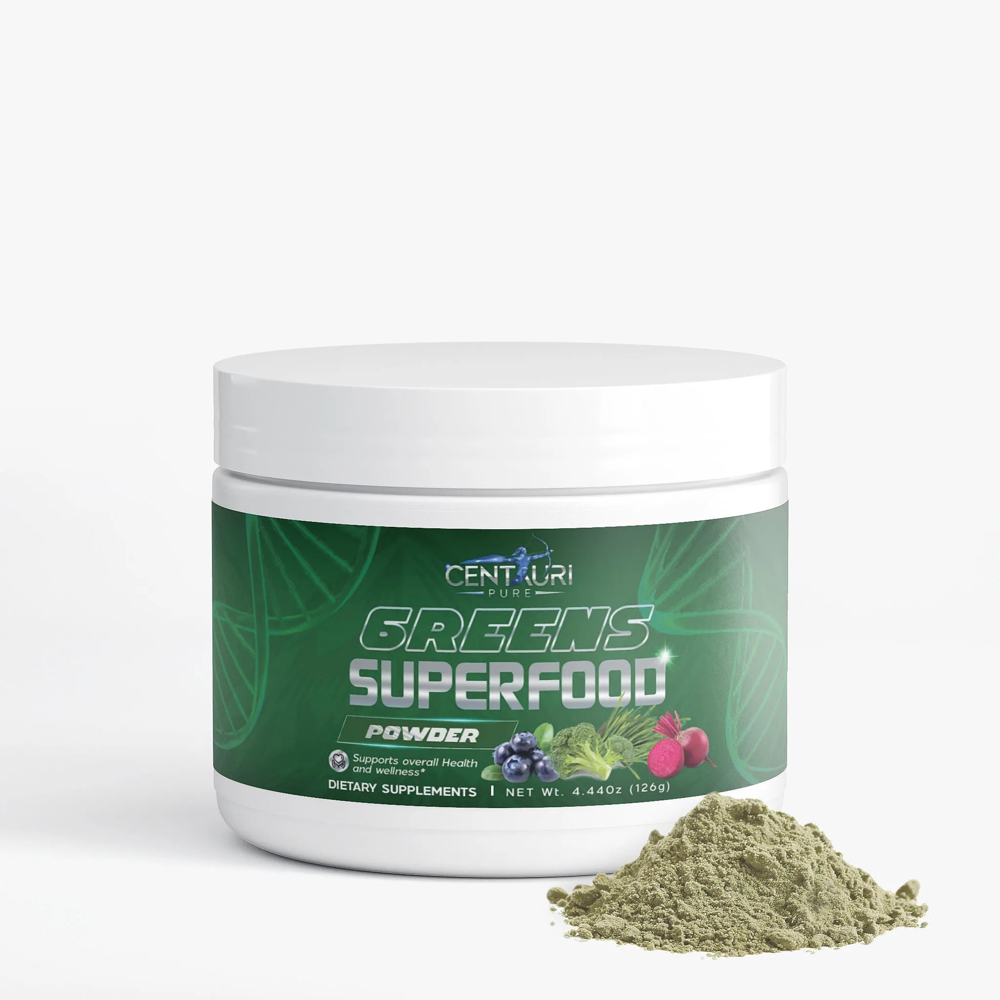 Container of Greens Superfood Powder with a white lid on a light gray background