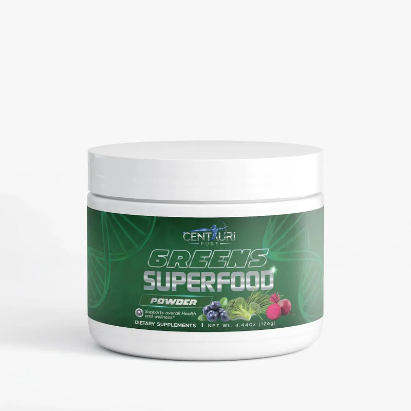 Container of Greens Superfood Powder with Centauri Fit branding on a white background