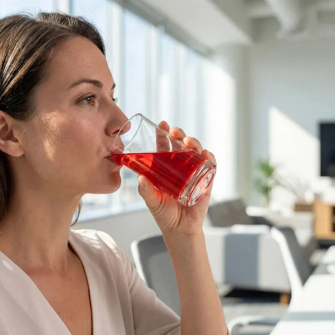 Woman drinking a red beverage from a glass in a modern office setting