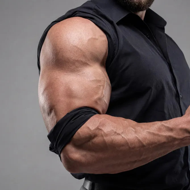 Muscular person wearing a black sleeveless shirt against a gray background