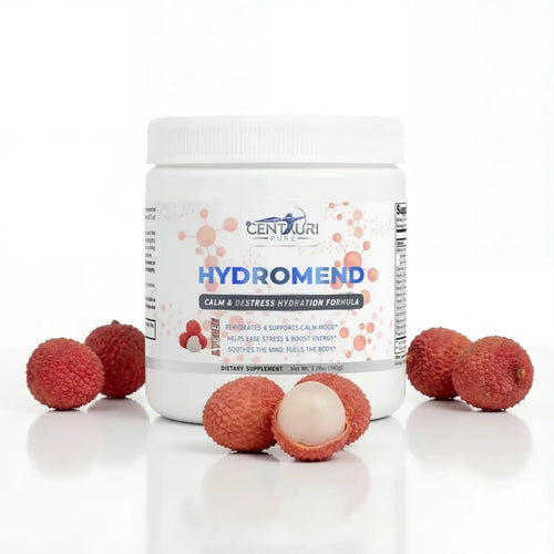 Centauri Hydromend supplement container with lychees on a white background