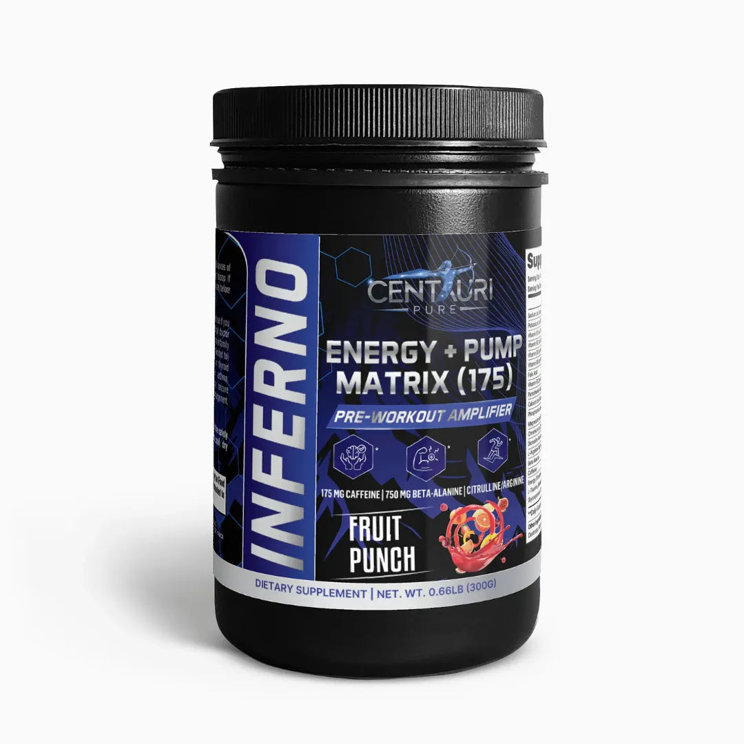 Pre-workout supplement container labeled 'Inferno' by Centauri Pure on a white background