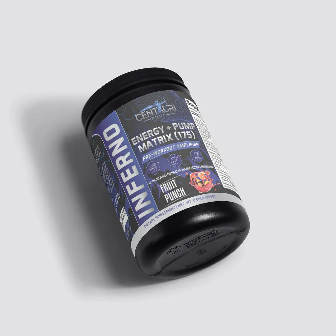 Black supplement container with colorful label on a light gray background