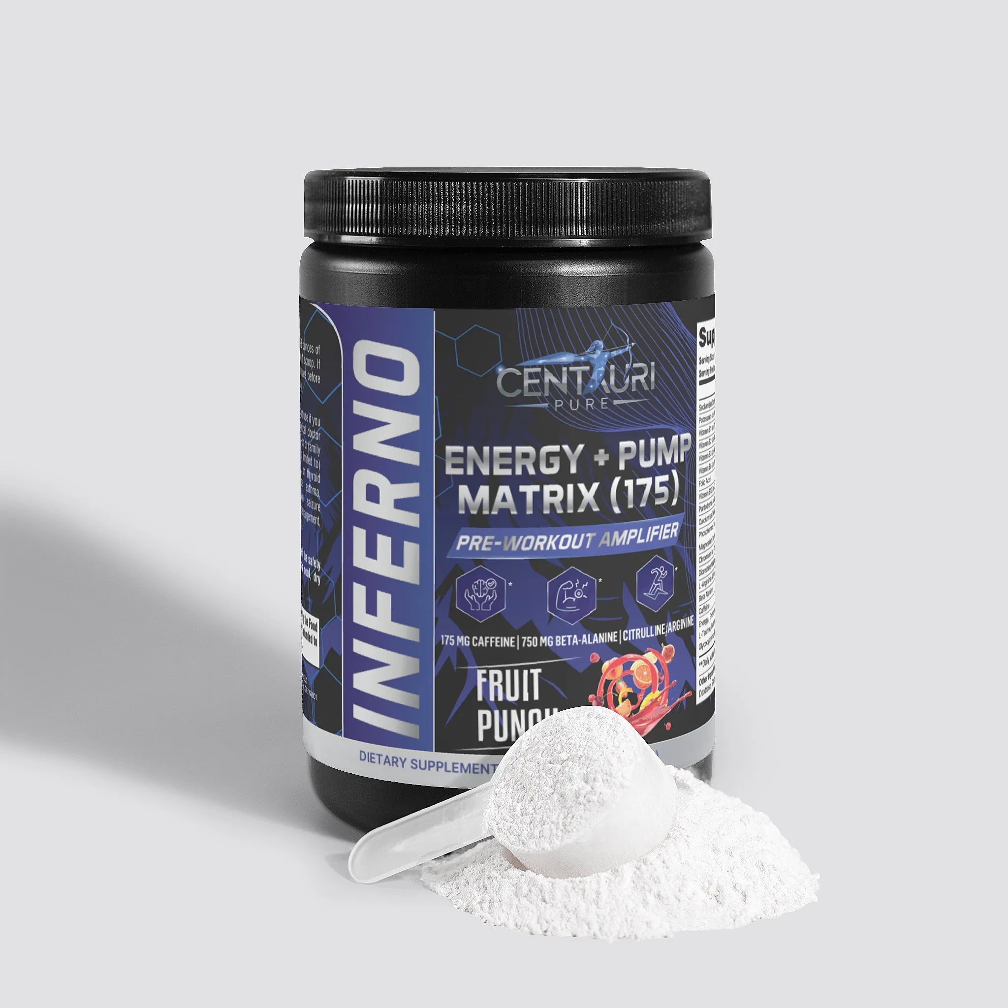 Pre-workout supplement container labeled 'Inferno' with a scoop of powder on a light gray background