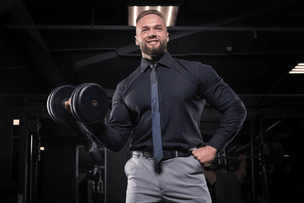 curl dumbbell in business shirt