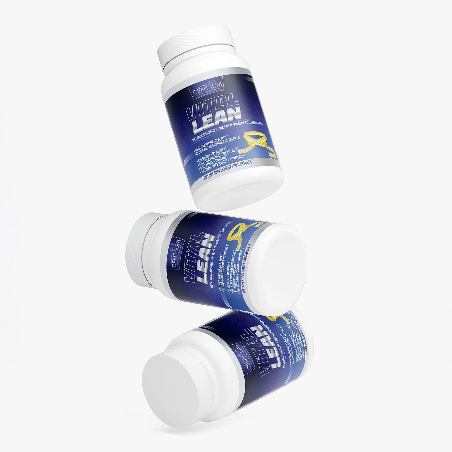 Three bottles of Vital Lean supplement on a white background