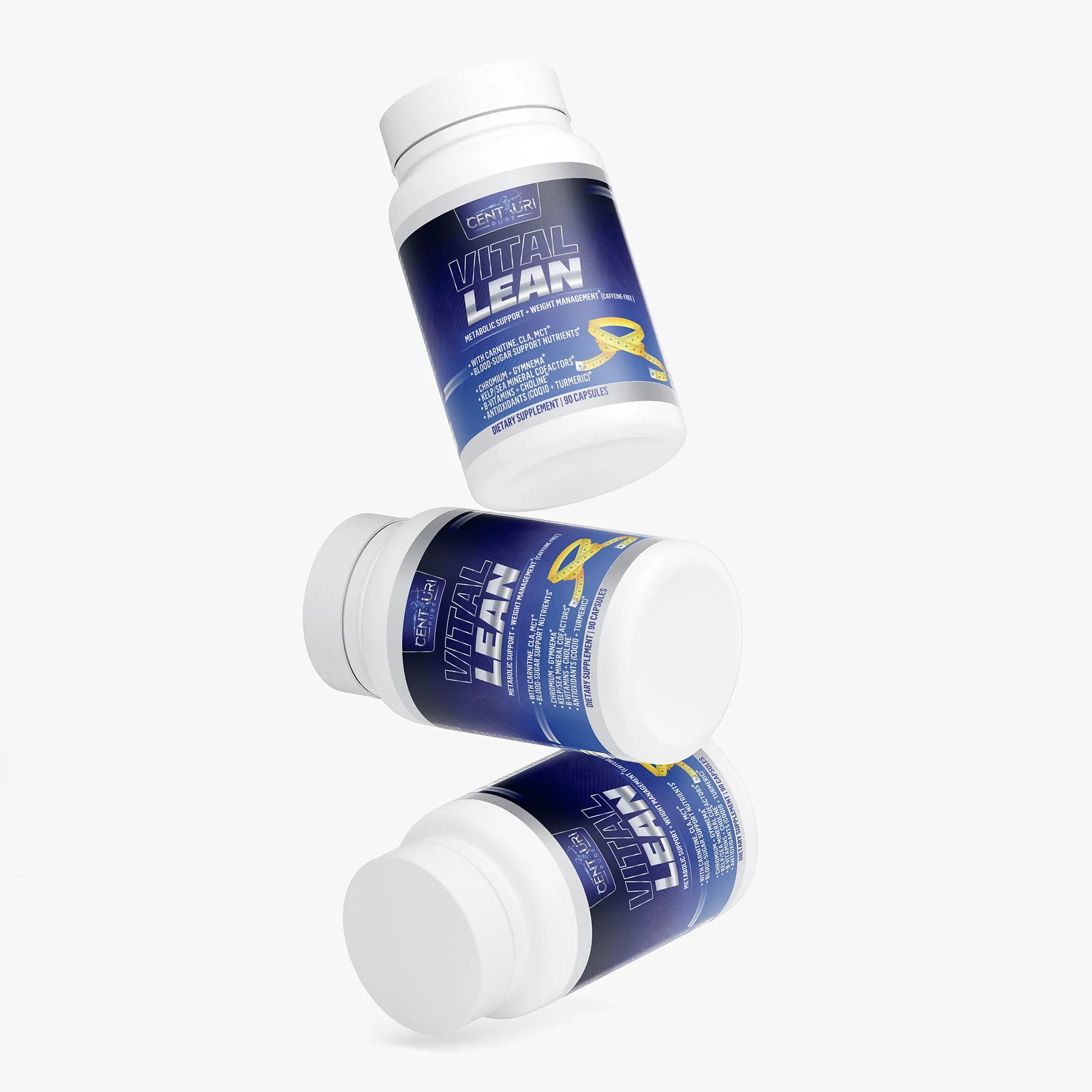 Three bottles of Vital Lean supplement on a white background