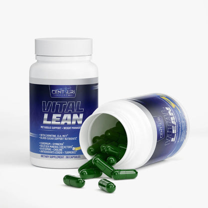Supplement bottle labeled 'Vital Lean' with green capsules on a white background