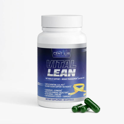 Supplement bottle labeled 'Vital Lean' with capsules on a white background