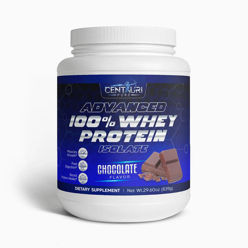Container of Centauri Pure Advanced 100% Whey Protein Isolate in chocolate flavor on a white background