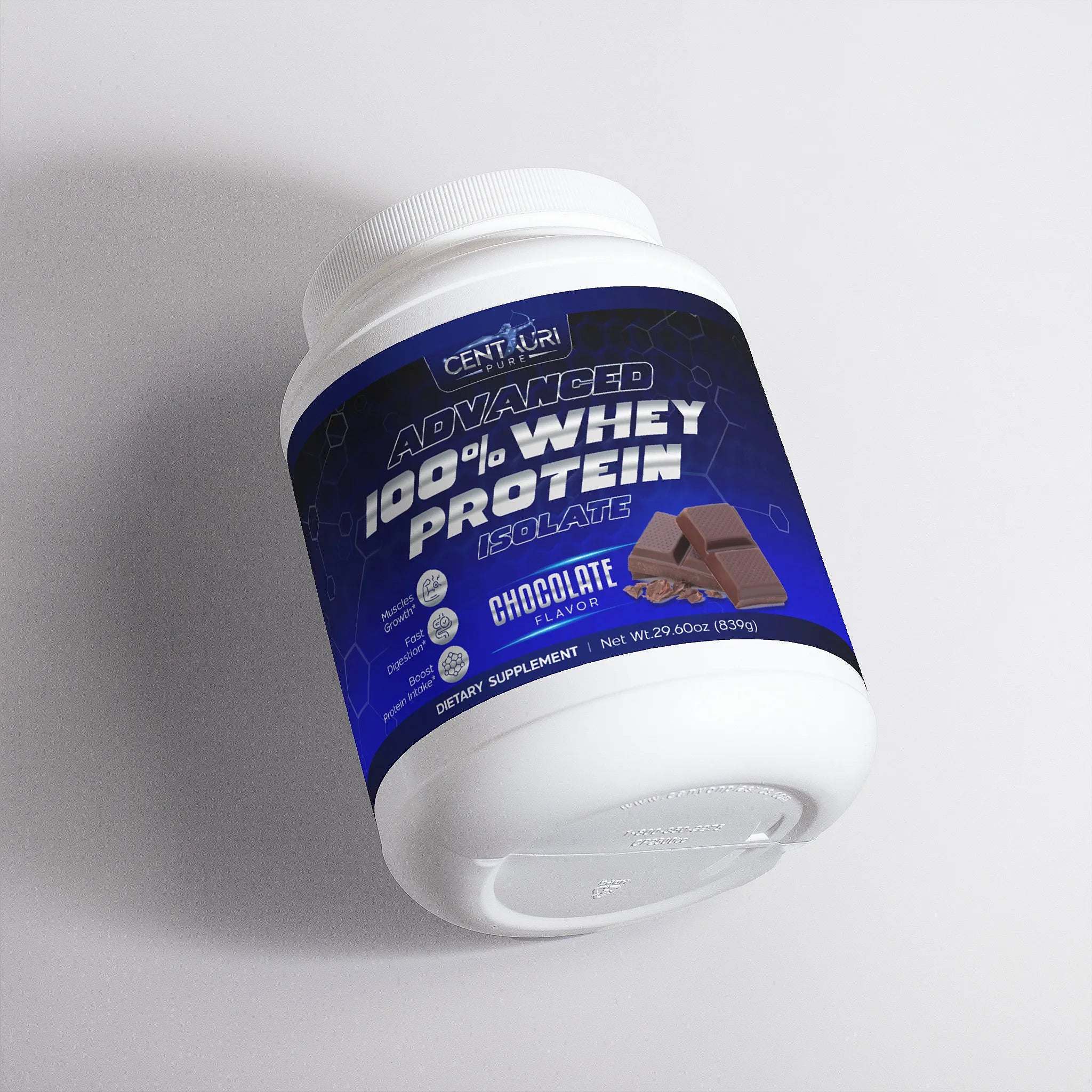 Container of Centauri Advanced 100% Whey Protein Isolate on a white background