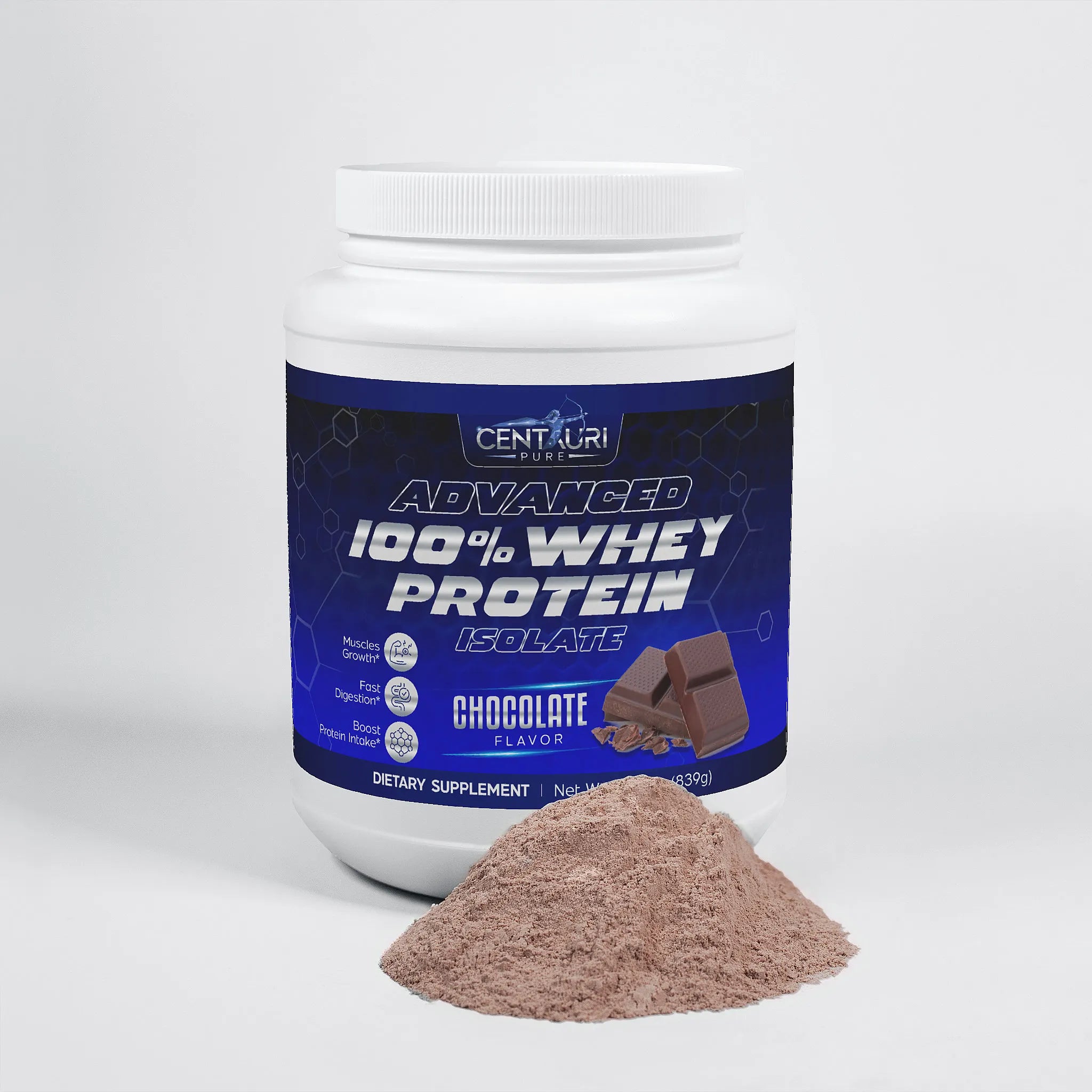 Container of Centauri Pure Advanced 100% Whey Protein Isolate with chocolate powder on a white background