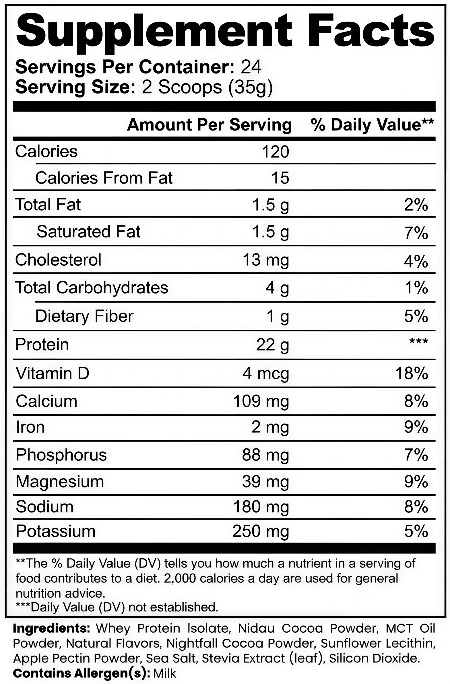 Supplement facts of Centauri Pure Advanced 100% Whey Protein Isolate in chocolate flavor on a white background